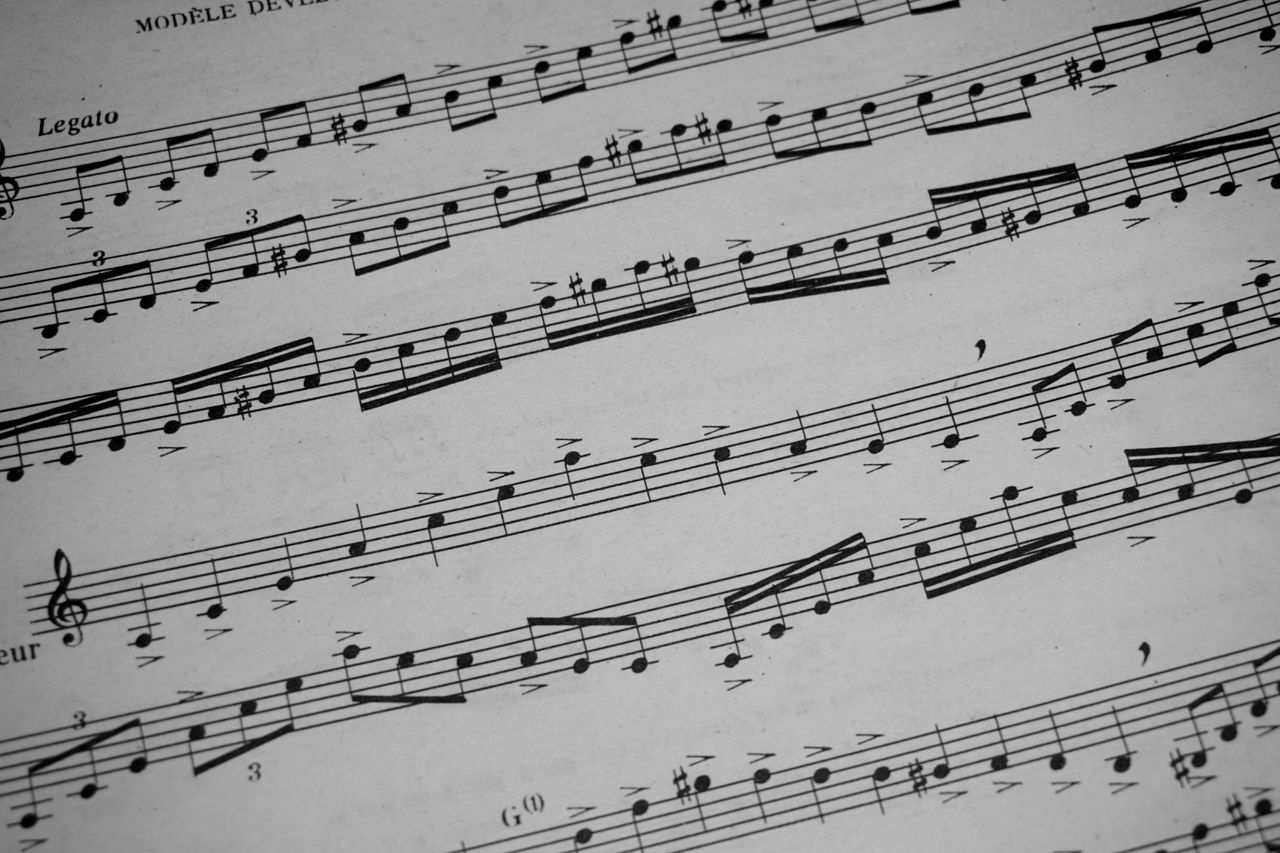 About Detailed view of sheet music featuring musical notations and symbols.